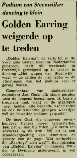 Newspaper article Leeuwarder Courant November 10 1969: Podium van Steenwijker dancing te klein: GOLDEN EARRING WEIGERDE OP TE TREDEN.